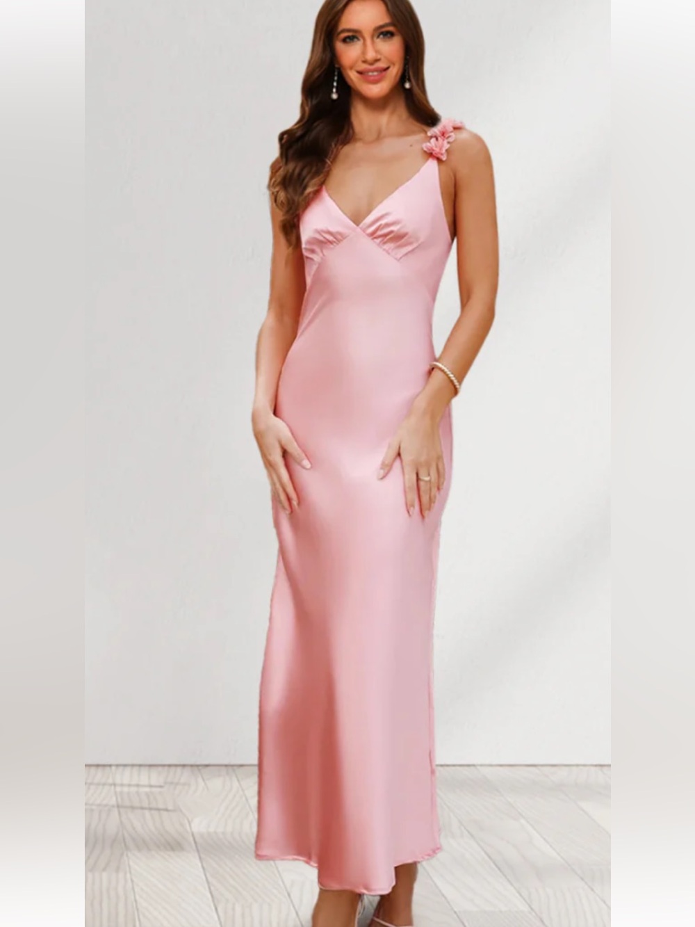 Women's Pink Satin Slip Maxi Dress With Rosette Embellished Straps NWOTS